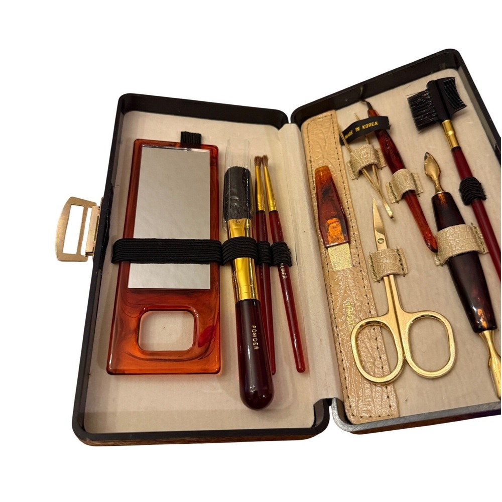 Vintage Travel Manicure Pedicure Makeup Brush Set Brown Faux Croc Case 10 pc - Picture 6 of 16